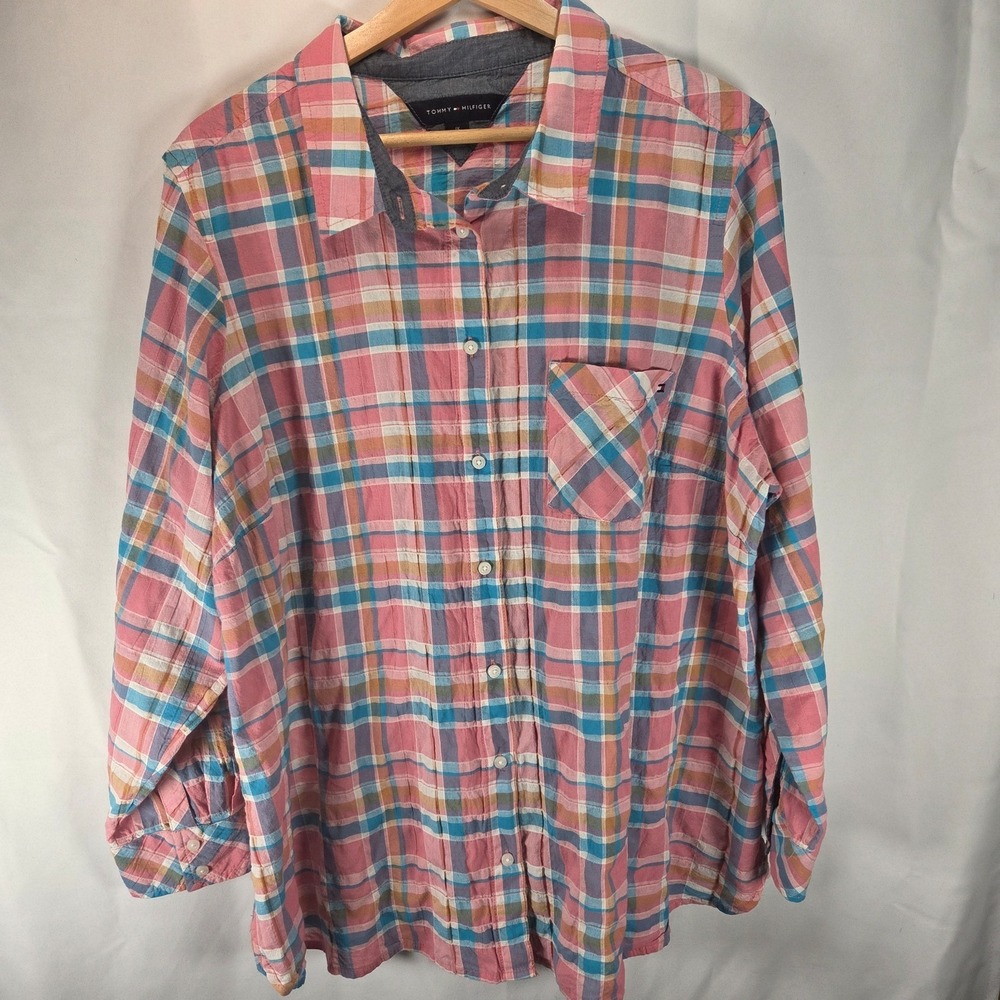 Tommy Hilfiger Pink Blue Plaid Cotton Roll Tab Sleeve Button Down Size 1X